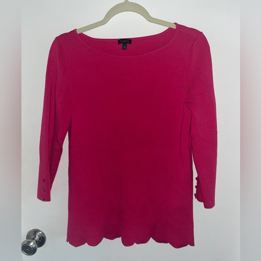 Talbots Hot Pink Balletneck Sweater, Scalloped hem, 3/4 sleeve, Size medium